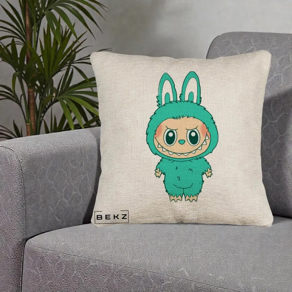 Perna Personalizata Labubu Turcoaz, 40x40 cm, Bej Canapea, Husa Detasabila, Perna Inclusa, BEKZ®