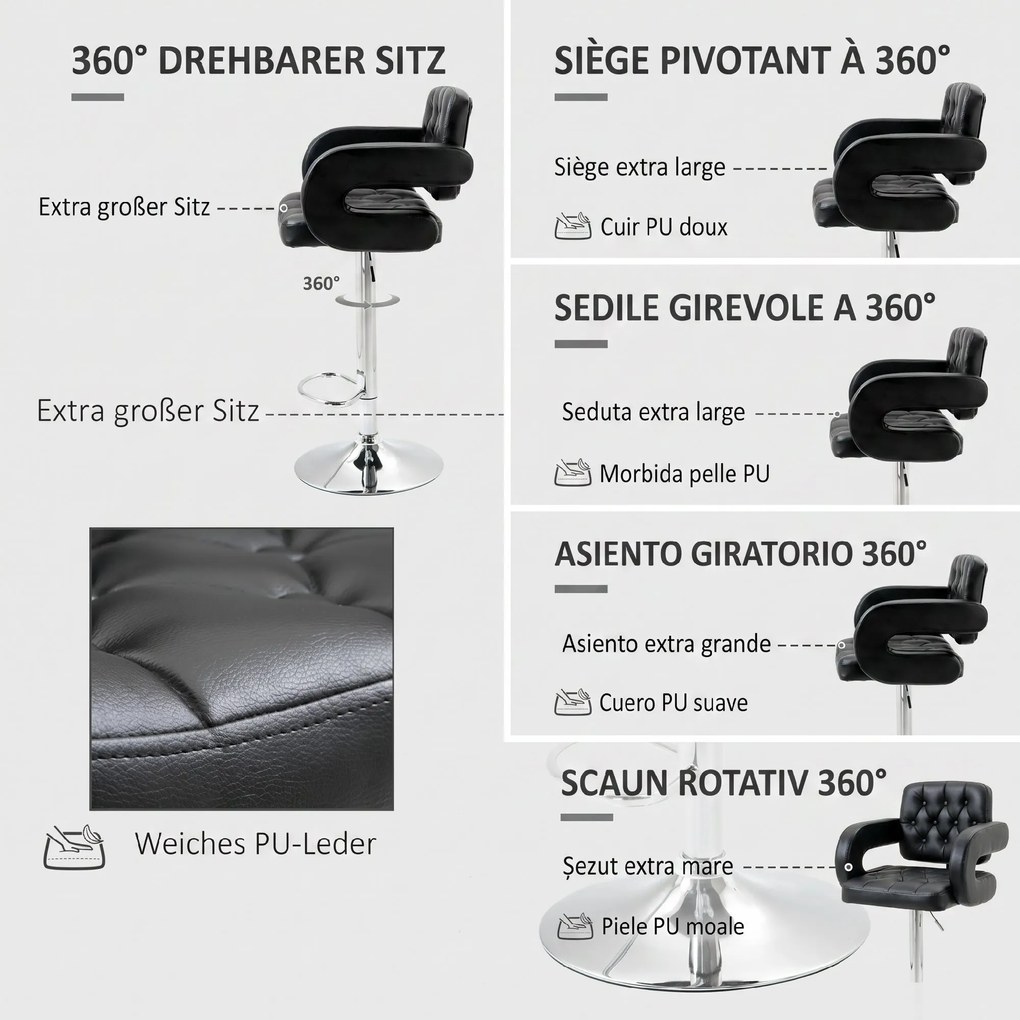 HOMCOM Scaun de Bar cu Spătar și Brațe, Scaun Modern de Bucătărie Rotativ cu Înălțime Reglabilă, 61x50x94-114 cm, Negru | Aosom Romania