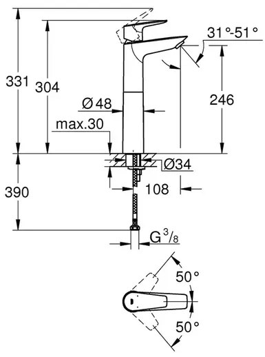 Baterie lavoar inalta Grohe BauEdge New XL crom