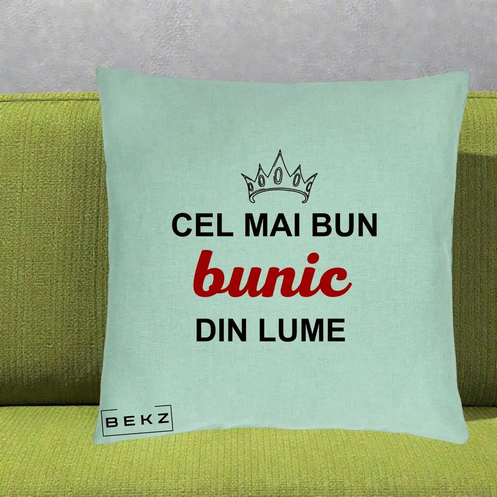 Cadou pentru Bunic - Perna Personalizata Cel Mai Bun Bunic Din Lume Coroana Rosu, 40x40 cm, Verde Menta, Husa Detasabila, Perna Inclusa, BEKZ®
