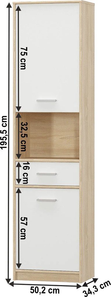 Etajeră 2D1S, alb/stejar sonoma, TEYO