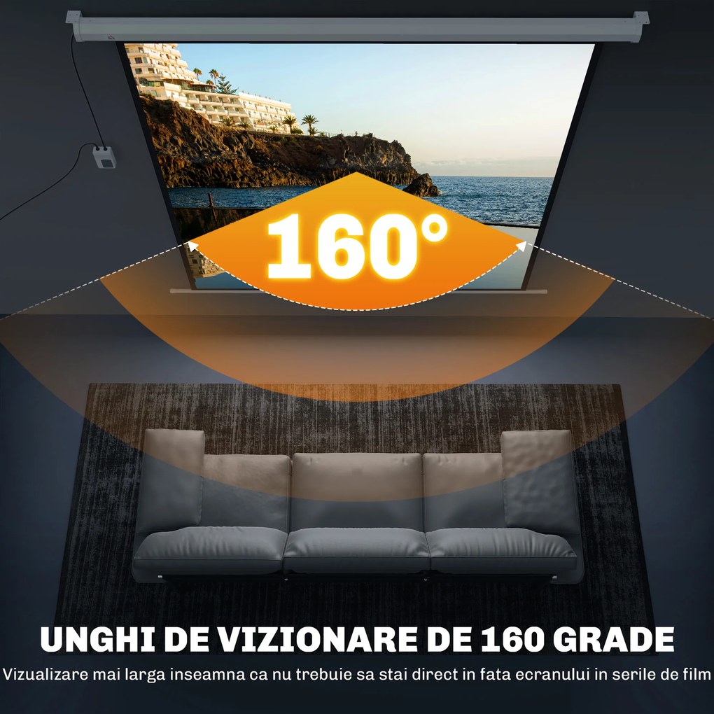 HOMCOM Ecran Proiector de 92 Inch cu Telecomandă, Pânză de Proiector Rulabilă din Plastic și Metal, 189,5x8x189,5 cm, Alb | Aosom Romania