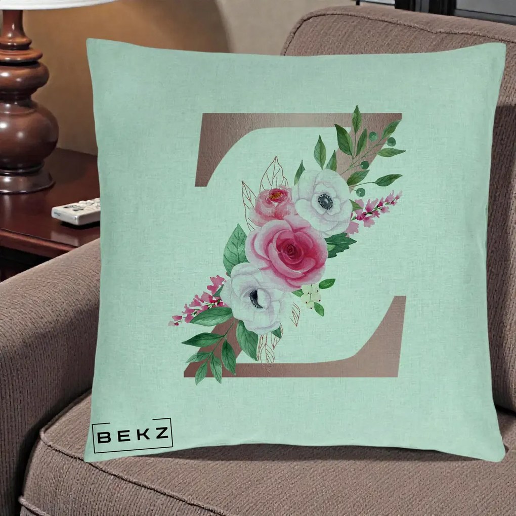 Cadou Personalizat - Perna Personalizata Monograma Rose Gold Litera Z, 40x40 cm, Verde Menta, Husa Detasabila, Perna Inclusa, BEKZ®