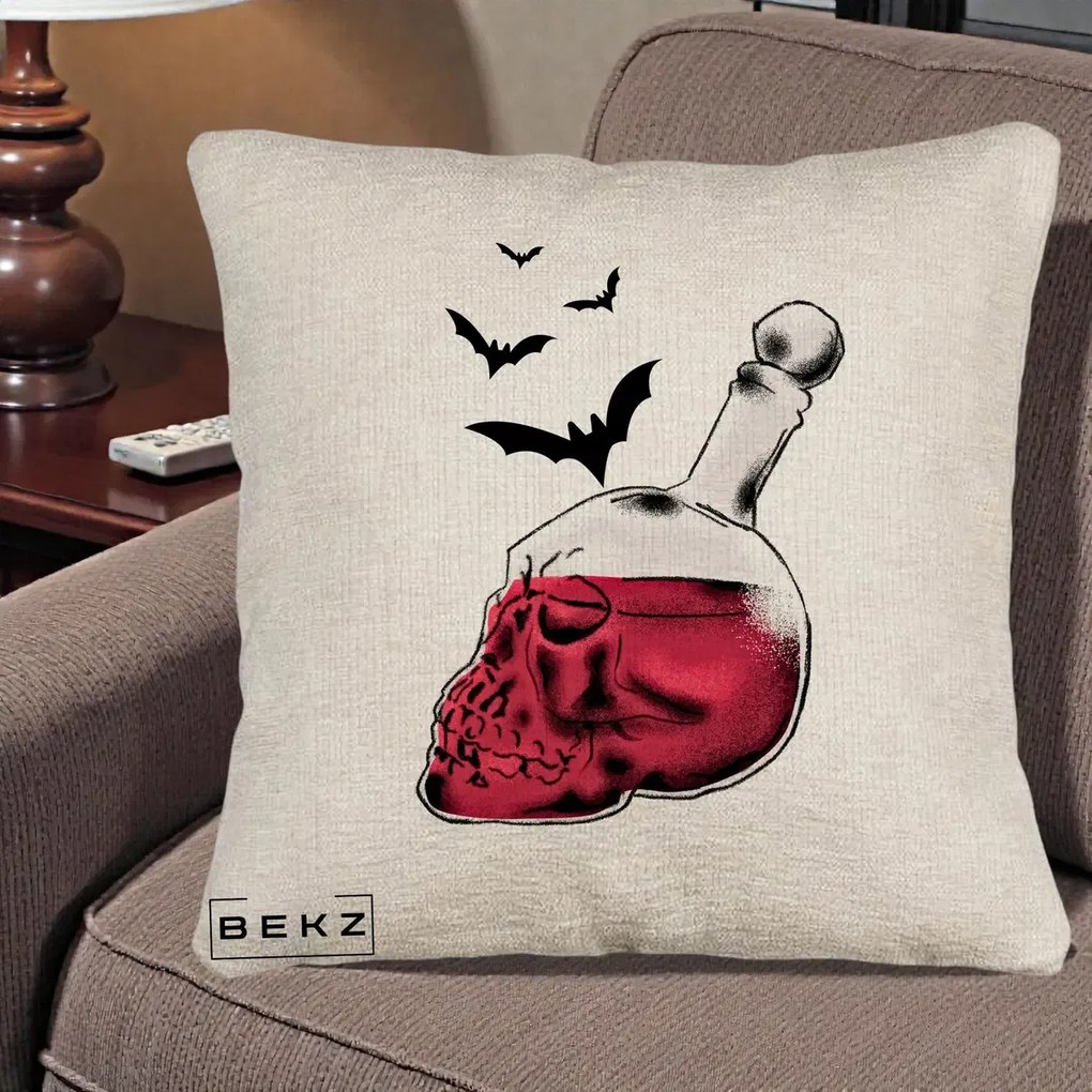 Perna Decorativa Halloween Craniu-Sticla cu Lilieci, 40x40 cm, Bej Canapea, Husa Detasabila, Perna Inclusa, BEKZ®