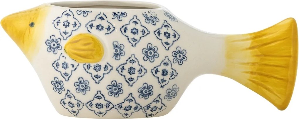 Ghiveci decorativ din ceramică albă în formă de pește cu model floral albastru pictat manual, 25×9×11 cm, „Wrenna"