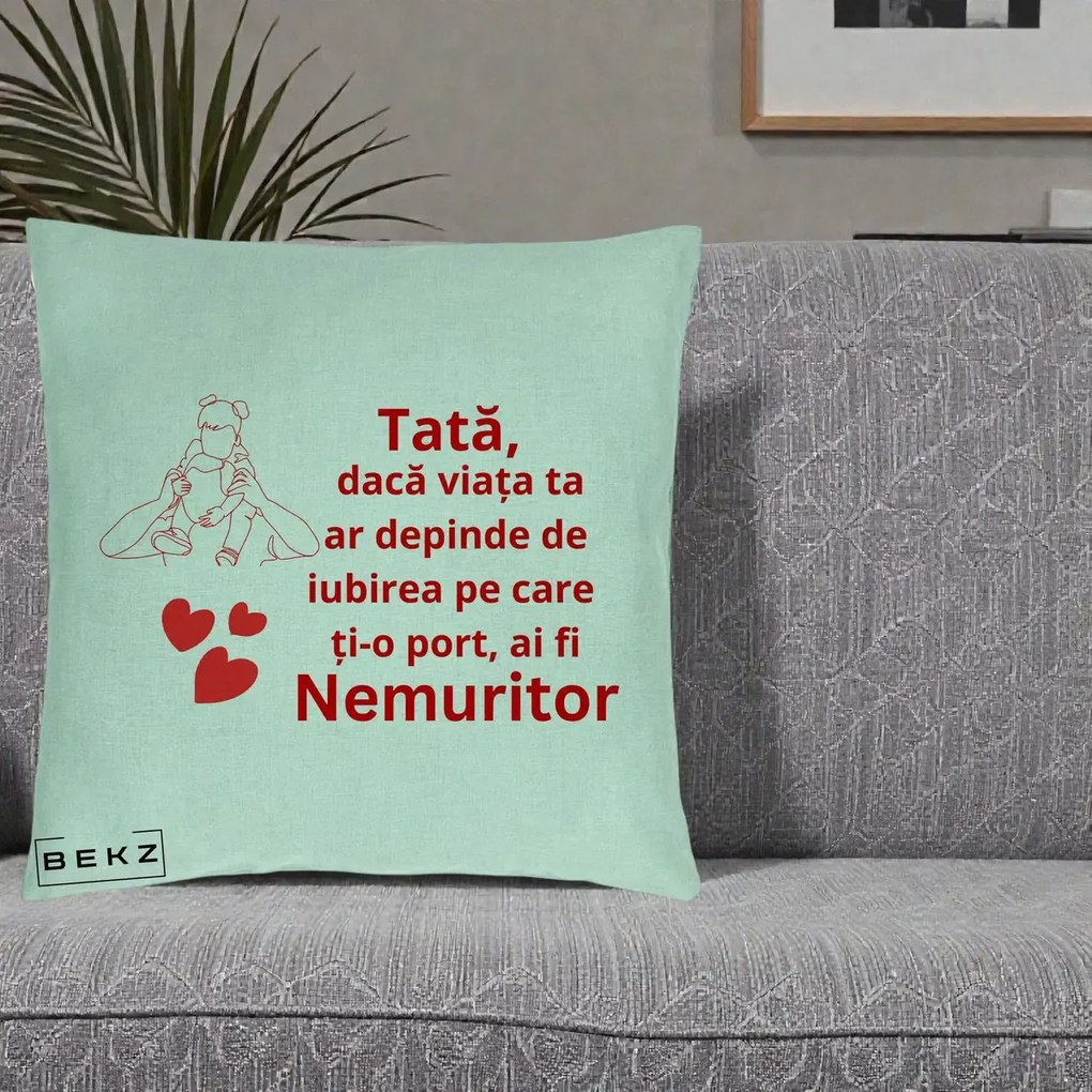 Cadou pentru Tata - Perna Personalizata Tata Nemuritor Mesaj Rosu, 40x40 cm, Verde Menta, Husa Detasabila, Perna Inclusa, BEKZ®