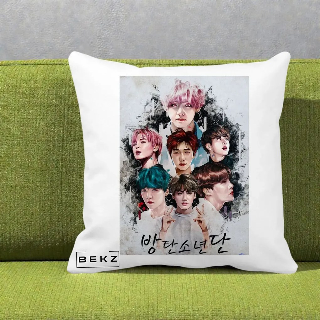 Perna Personalizata K-pop BTS Bangtan Boys Poster Artistic Negru Alb, 40x40 cm, Alba Mata, Husa Detasabila, Perna Inclusa, BEKZ®