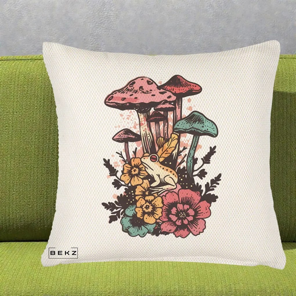 Perna Decorativa Ciuperci si Broaste Boho, 40x40 cm, Crem Reliefat, Husa Detasabila, Perna Inclusa, BEKZ®