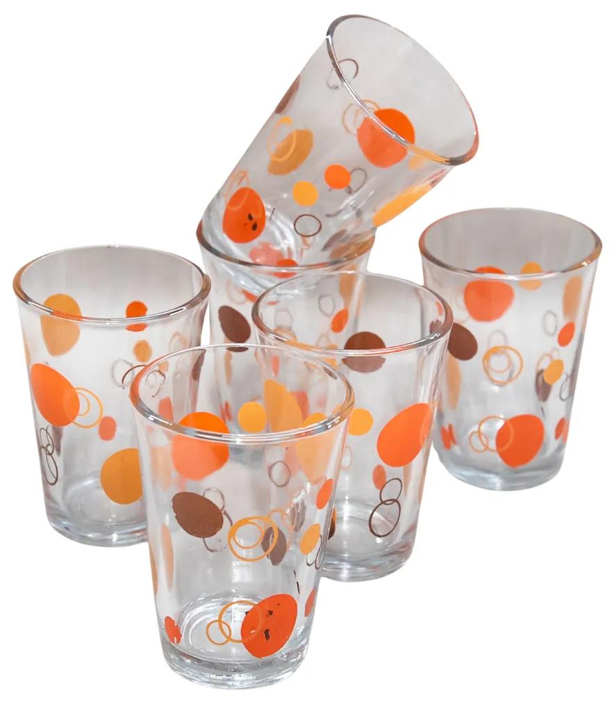 Set 6 pahare de sticlă transparente, model buline maro/portocaliu, 200 ml