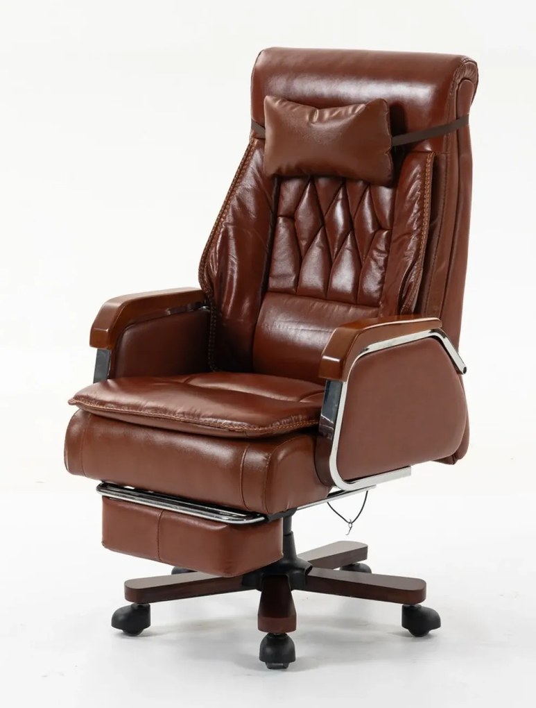 EXECUTIVE PRIME 8206B – Scaun directorial din piele naturala si lemn , Masaj in 9 puncte si Incalzire, rezistent 150 kg, Maro Inchis