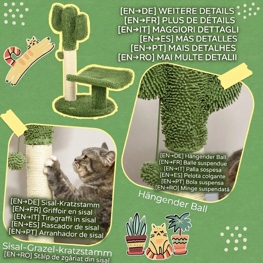 Copac de 55,5cm in Forma de Cactus pentru Pisici de Interior, Turn pentru Pisici cu Stalpi de Zgariat, Pat, Minge, Verde PawHut | Aosom Romania