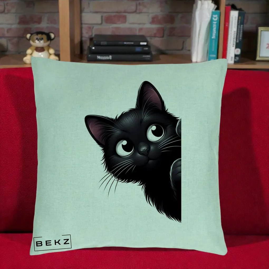 Perna Decorativa Pisica Neagra Dragalasa Curioasa, 40x40 cm, Verde Menta, Husa Detasabila, Perna Inclusa, BEKZ®