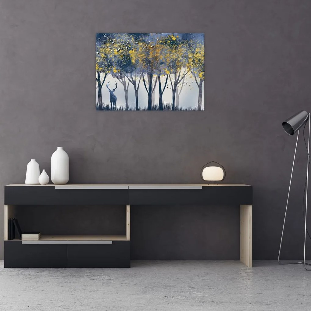 Tablou pe sticlă cerbul în pădure (70x50 cm)