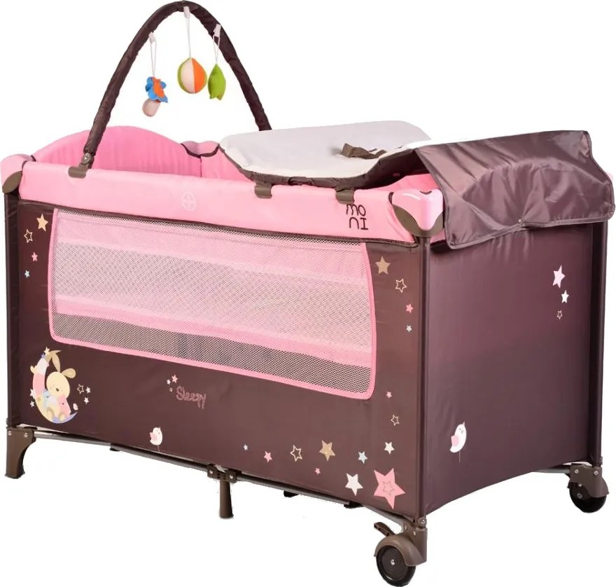 Patut pliabil cu doua nivele si roti Sleepy Pink
