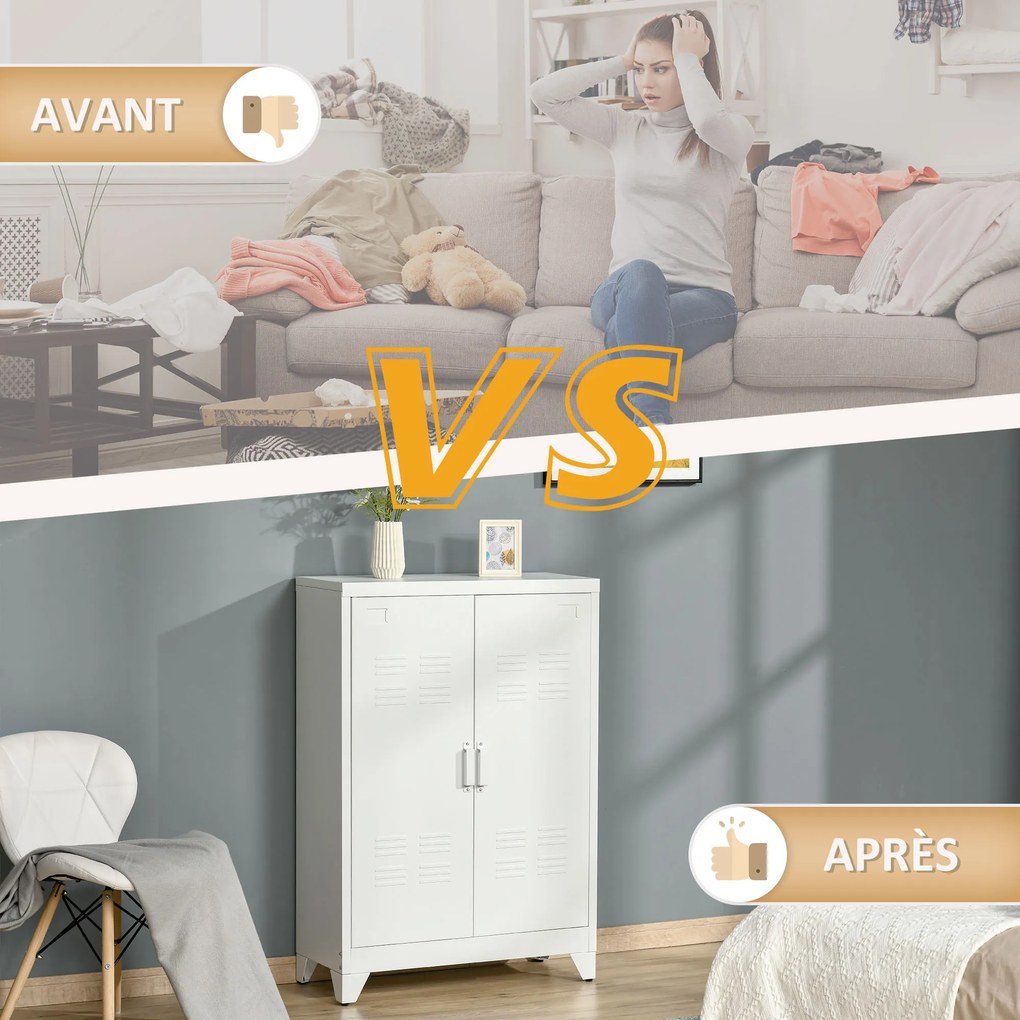 HOMCOM Dulap de birou cu 3 niveluri dulap de depozitare metalic pentru birou 2 uși rafturi reglabile 75 x 33 x 110 cm alb | Aosom Romania