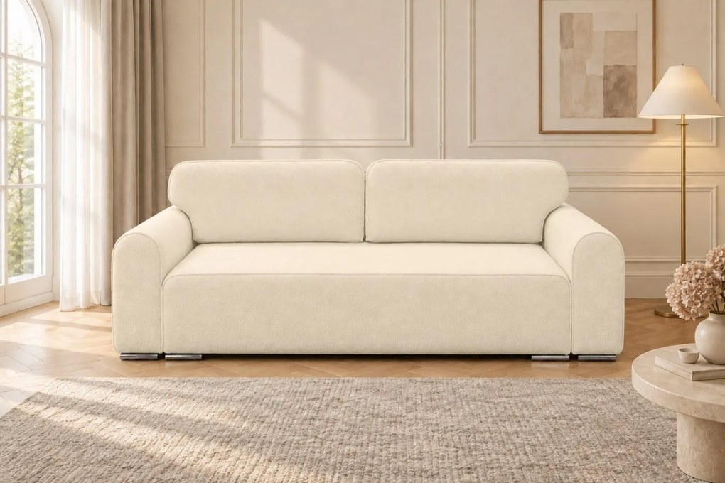 Canapea extensibilă Fiorella din boucle, crem, cu ladă de depozitare