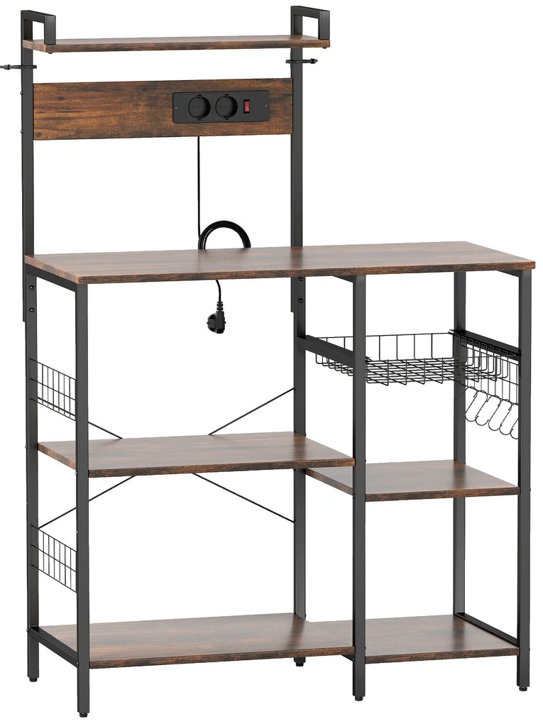 HOMCOM Raft pentru bucătărie, raft independent cu 2 prize, 5 cârlige S, 5 polițe, coș, bare în X, oțel 90 x 42 x 130 cm | Aosom Romania