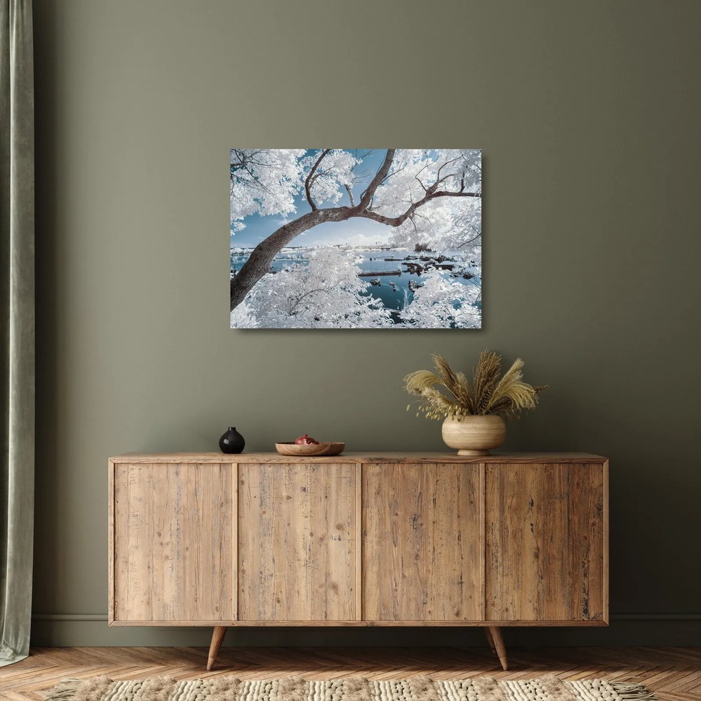 Tablou pe sticlă cu copac înzăpezit lângă apă (70x50 cm)