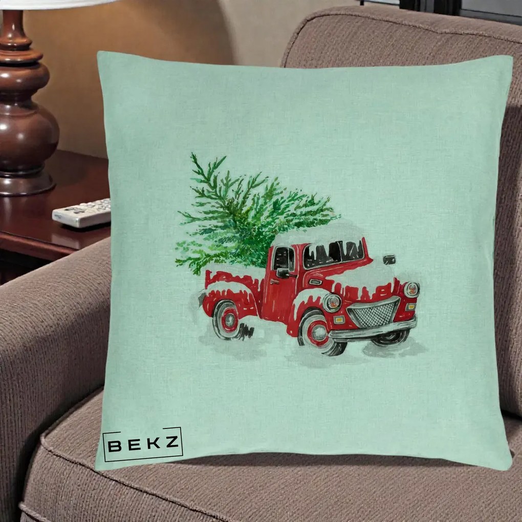 Perna Decorativa Camioneta Rosie Brad de Craciun, 40x40 cm, Verde Menta, Husa Detasabila, Perna Inclusa, BEKZ®