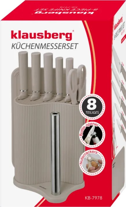 Set cuțite Klausberg KB 7978, 8 piese, Oțel inoxidabil, Suport, Suport hârtie de bucătărie, Bej