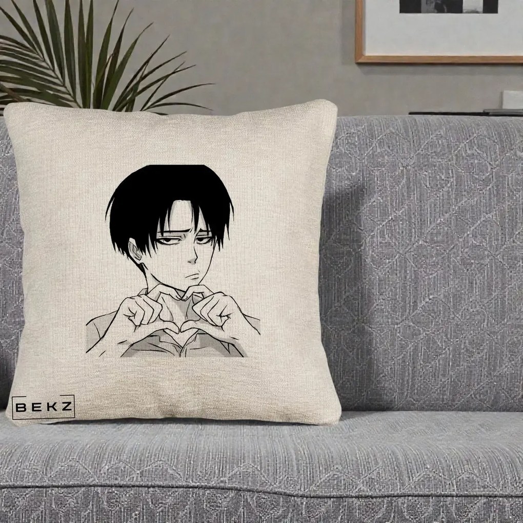Perna Personalizata Levi Ackerman Inima, 40x40 cm, Bej Canapea, Husa Detasabila, Perna Inclusa, BEKZ®