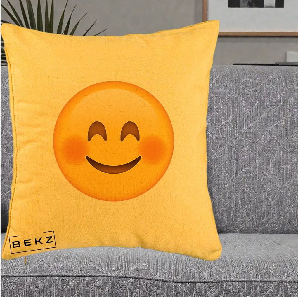 Perna Decorativa Emoji Fericit Roscat, 40x40 cm, Galben, Husa Detasabila, Perna Inclusa, BEKZ®