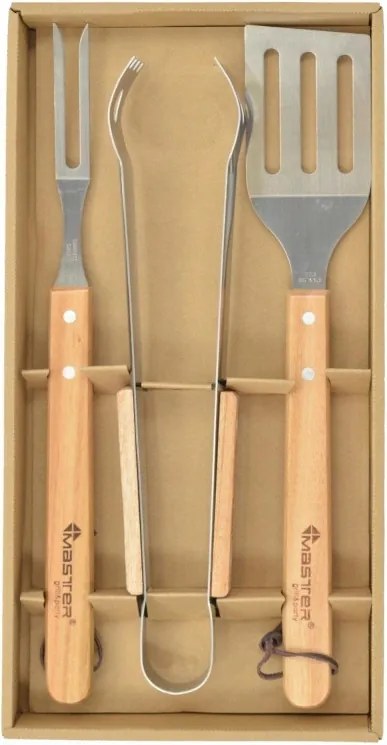 Set ustensile pentru gratar MasterGrill MG110, 4 piese, Cleste, Spatula, Furculita, Cutia, Inox/Lemn