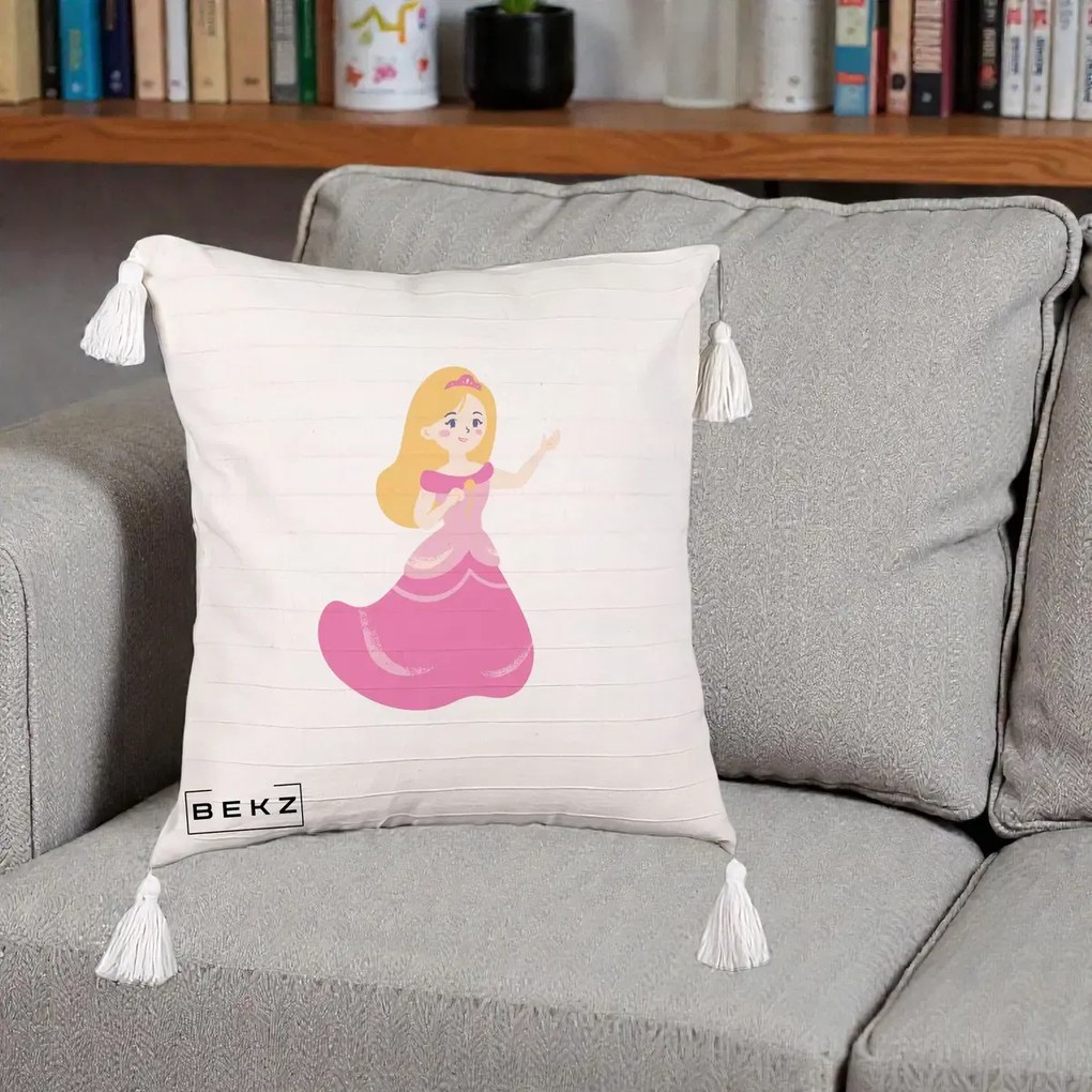 Perna Personalizata Printesa Roz cu Microfon, 40x40 cm, Bej cu Franjuri, Husa Detasabila, Perna Inclusa, BEKZ®