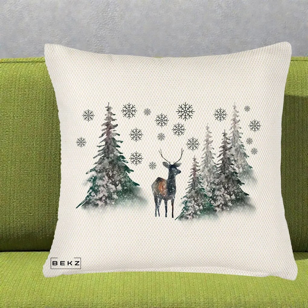 Perna Decorativa Ren in Padure Inzapezita, 40x40 cm, Crem Reliefat, Husa Detasabila, Perna Inclusa, BEKZ®