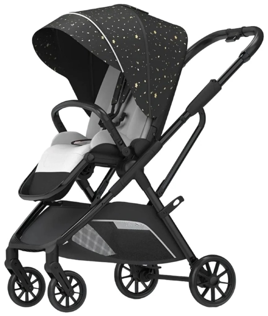 Carucior 2 in 1 pentru copii Usor si Compact - Pliabil, Sistem de absorbtie a socurilor, Scaun Reversibil - Negru cu stelute- CPC-58-stelute