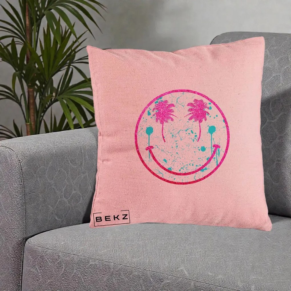 Perna Decorativa Smiley Face Tropical Glitter Roz, 40x40 cm, Roz, Husa Detasabila, Perna Inclusa, BEKZ®
