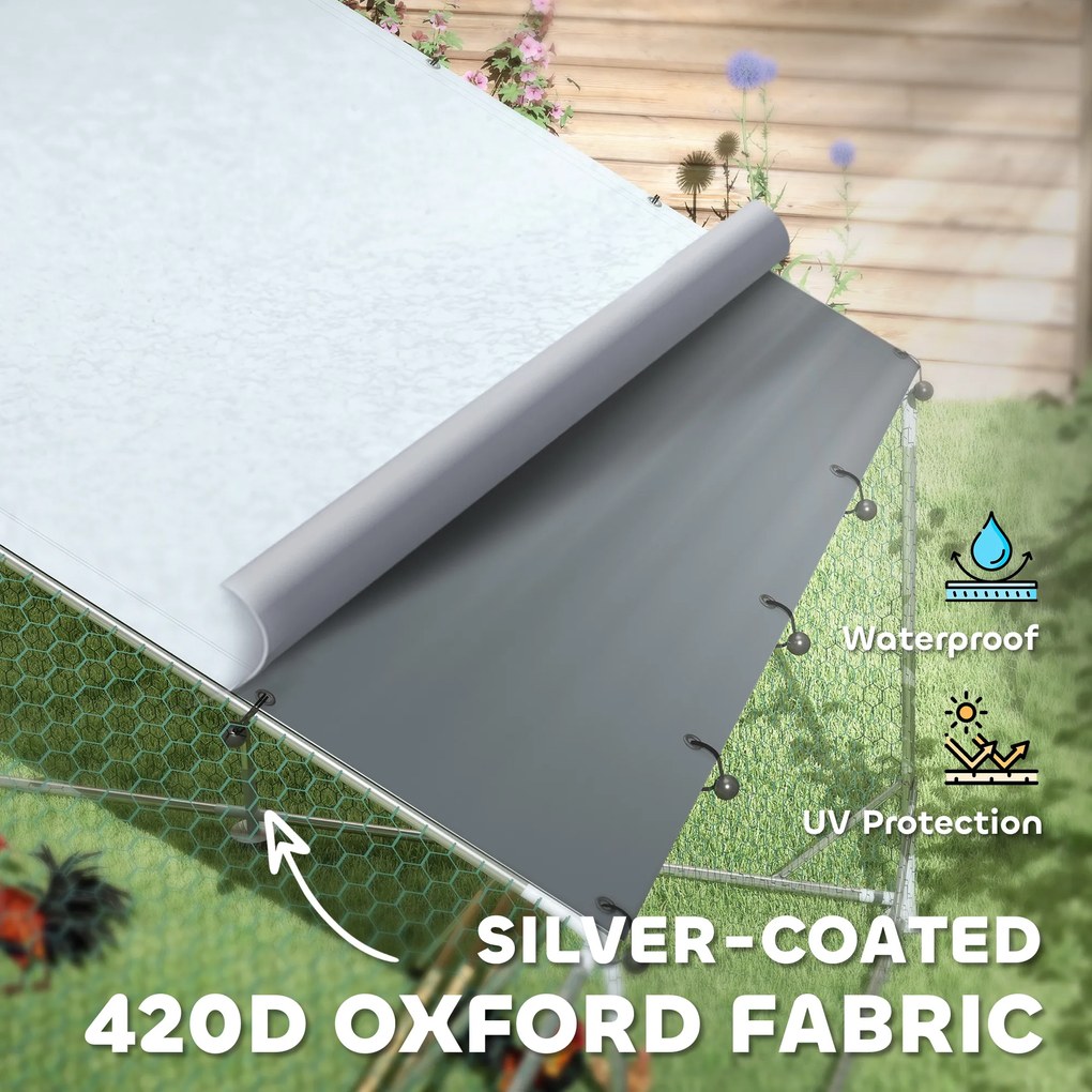 PawHut Coteț pentru Găini cu Acoperiș Impermeabil și Rezistent la UV, Hrănitor și Usă, 300x400x195 cm, Argintiu | Aosom Romania