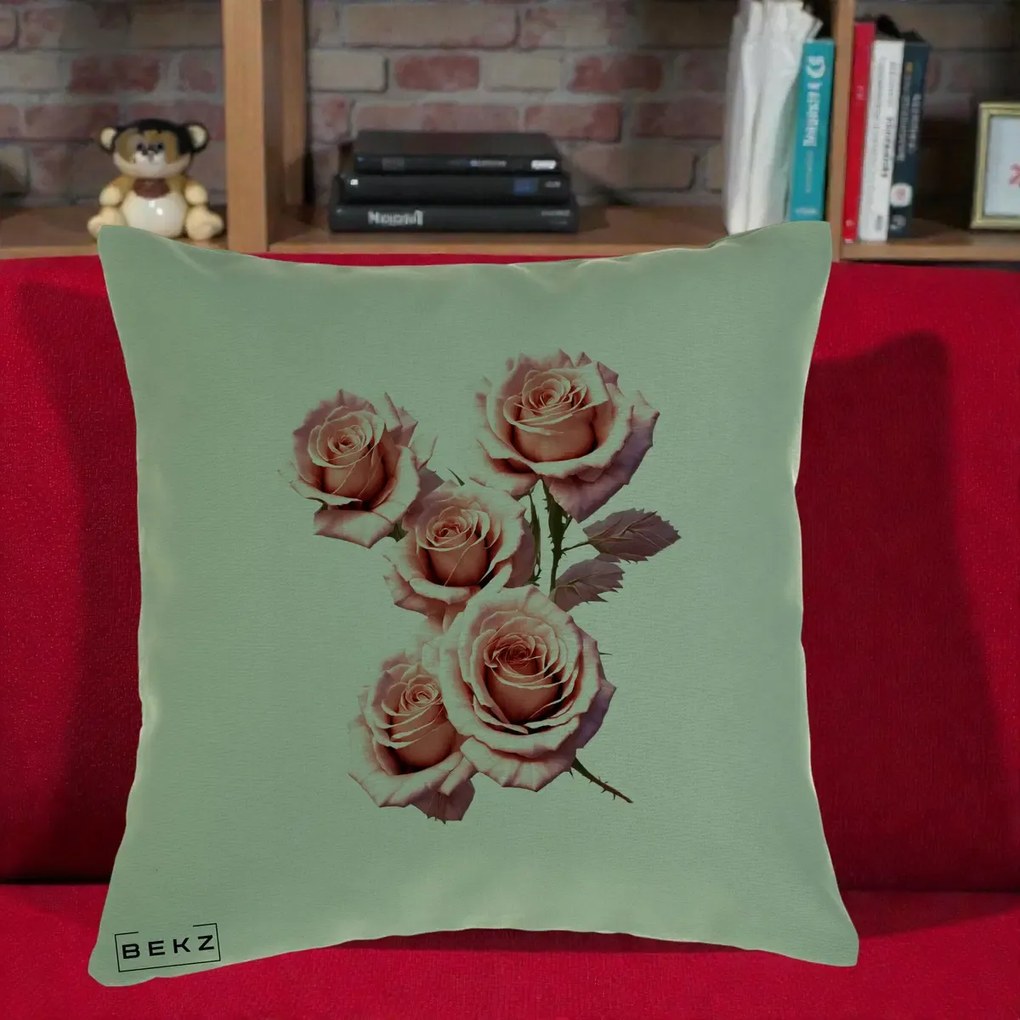 Perna Decorativa Trandafiri Roz Pastel Acuarela, 40x40 cm, Verde, Husa Detasabila, Perna Inclusa, BEKZ®