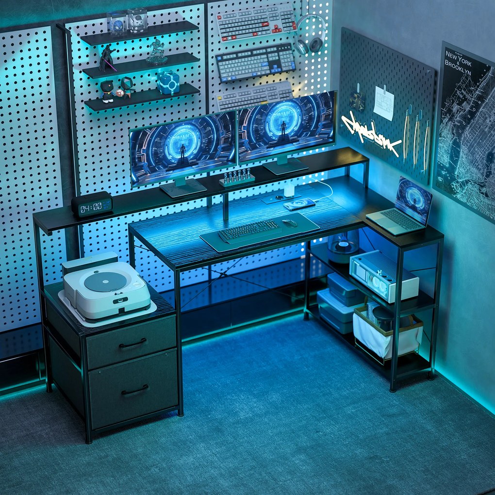 HOMCOM Birou Gaming în formă de L cu prize multiple, LED-uri, 165x80 cm, birou PC cu 2 sertare din material textil, 2 rafturi deschise, măsuță laterală și 2 suporturi monitor, din PAL și oțel, Negru | Aosom Romania