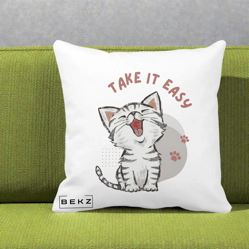 Perna Personalizata Take It Easy Cat, 40x40 cm, Alba Mata, Husa Detasabila, Perna Inclusa, BEKZ®