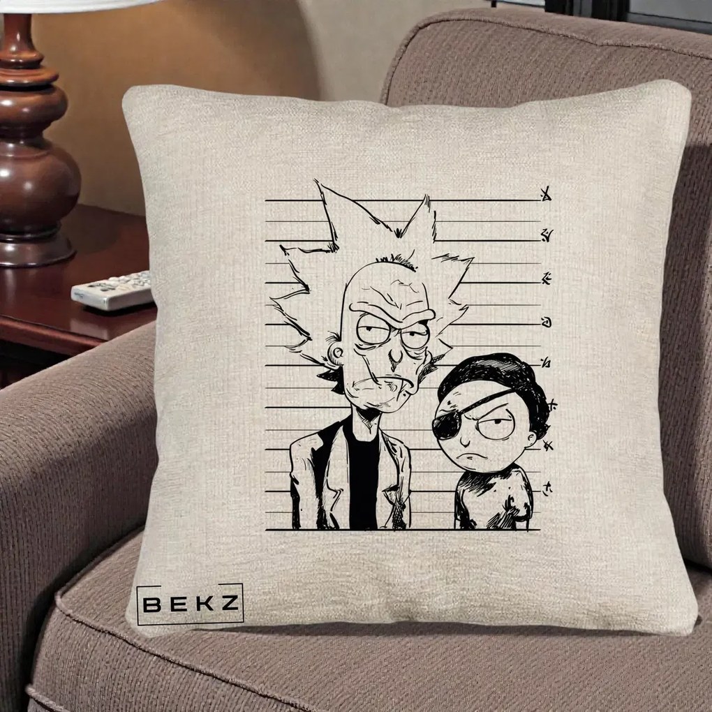 Perna Personalizata Rick si Morty Dosar, 40x40 cm, Bej Canapea, Husa Detasabila, Perna Inclusa, BEKZ®