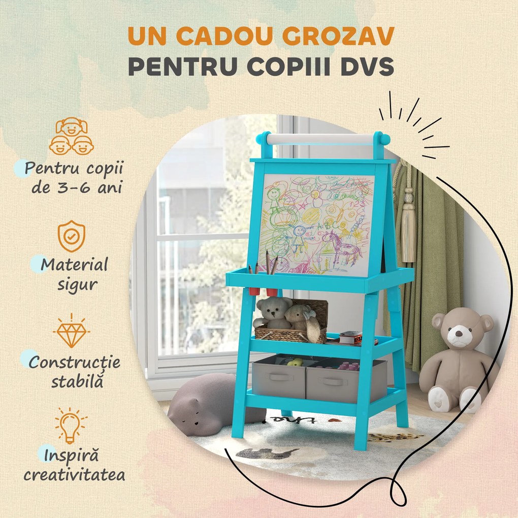 AIYAPLAY Tablă de Desen Dublă cu Magnet, Sul de Hârtie și Depozitare, Pentru Copii 3-6 Ani, 59x48x118 cm, Albastru | Aosom Romania