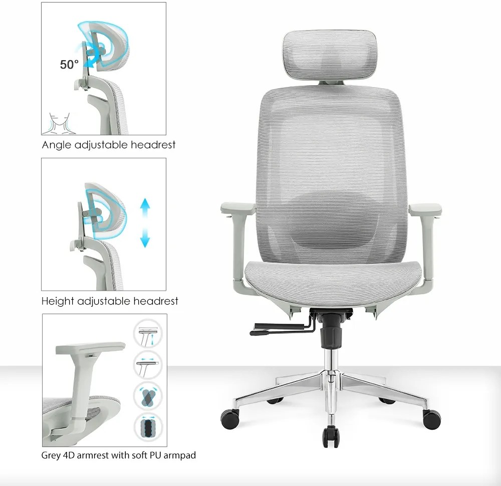 ErgoDynamic Icon-HG -Grey White-, scaun de birou, full mesh, sezut translatie 5 cm