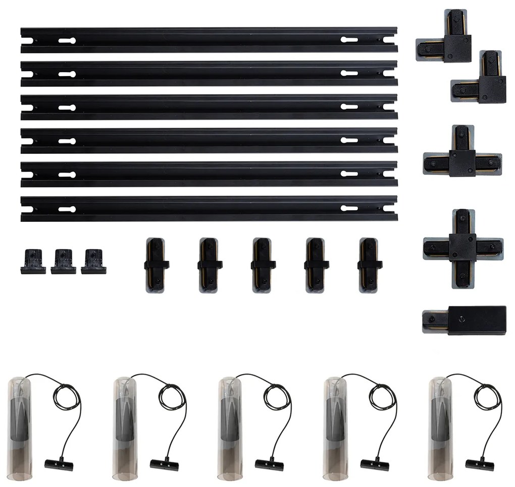 Sistem modern de iluminat pe șine cu 5 pendule negre monofazat - Iconic Lloyd