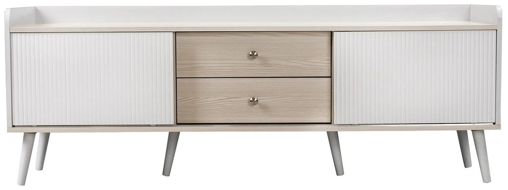 Comodă TV cu 2 sertare, uși glisante cu dungi și picioare stabile din lemn, 160x40x58 cm, Alb