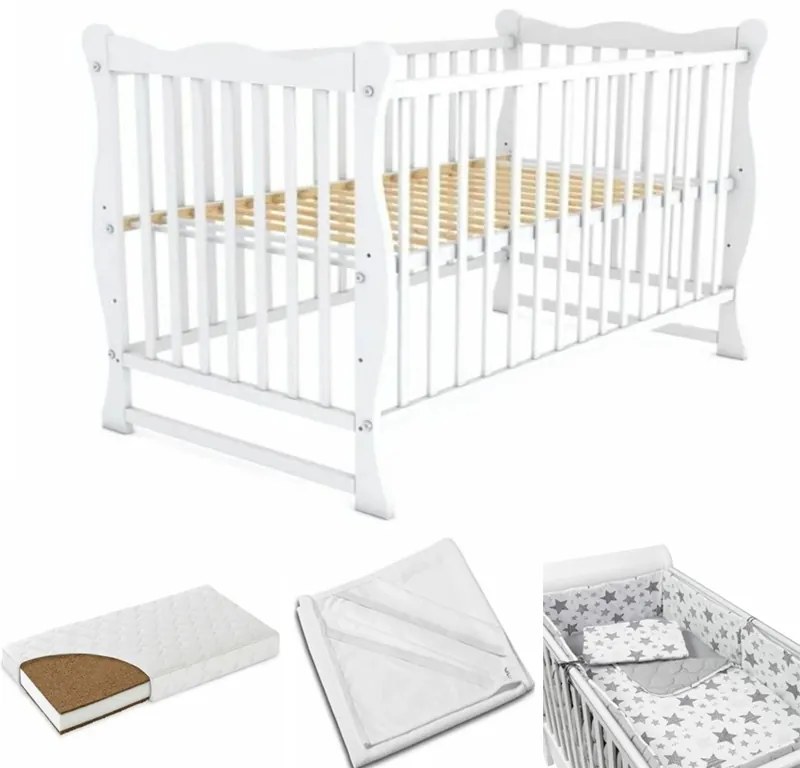 Patut din lemn masiv 120x60 cm Isla alb, include saltea cocos Lux 9 cm, protectie impermeabila si set lenjerie matlasata 5 piese Kidizi