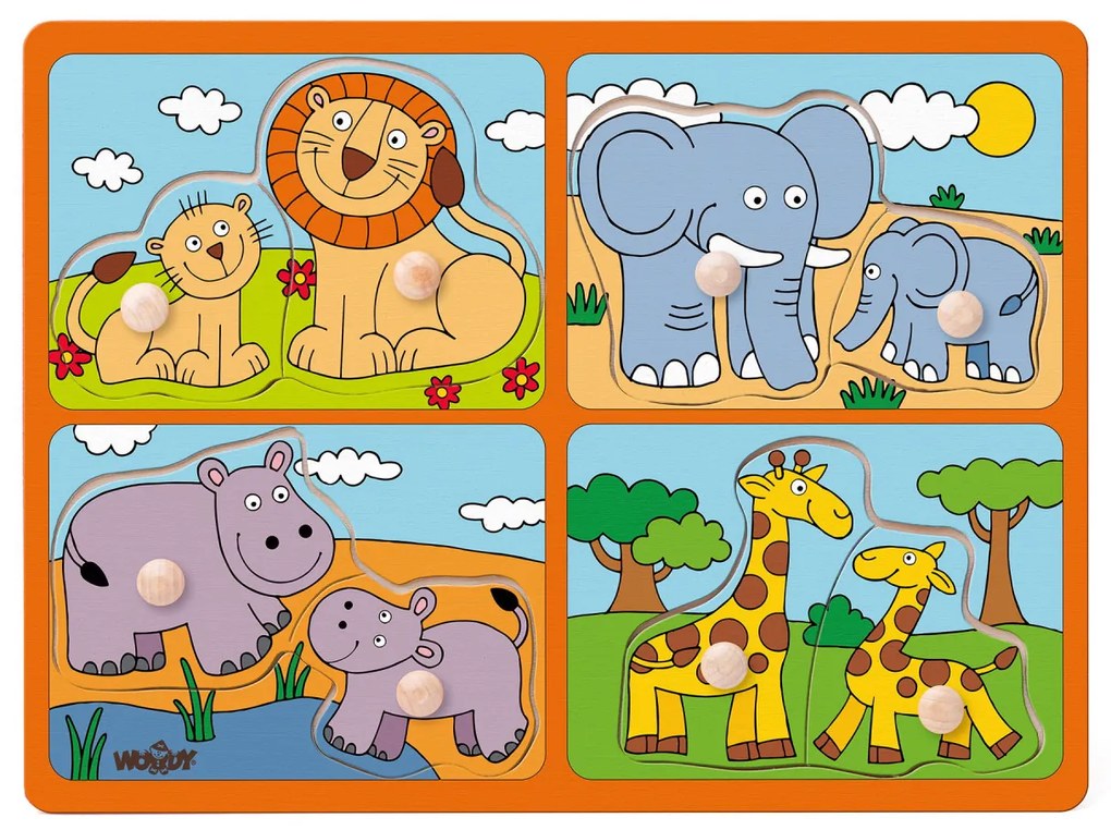 Puzzle din lemn cu butoni - Animale salbatice si puii lor