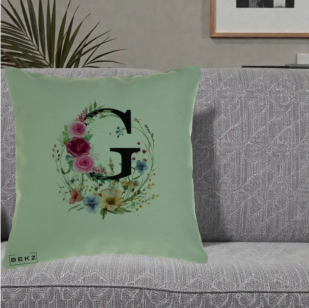 Cadou Personalizat - Perna Personalizata Monogram Litera G cu Flori Acuarela, 40x40 cm, Verde, Husa Detasabila, Perna Inclusa, BEKZ®