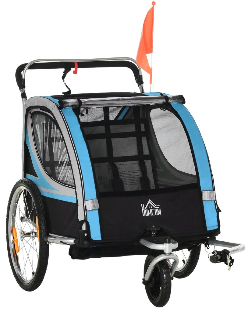HOMCOM Remorcă Bicicletă pentru Copii, Design 2 în 1 cu Frână și Centură de Siguranță, 142x75x101 cm, Albastru | Aosom Romania