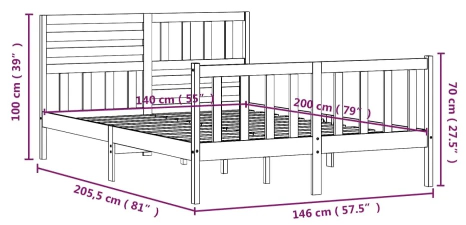 Cadru de pat, negru, 140x200 cm, lemn masiv Negru, 140 x 200 cm