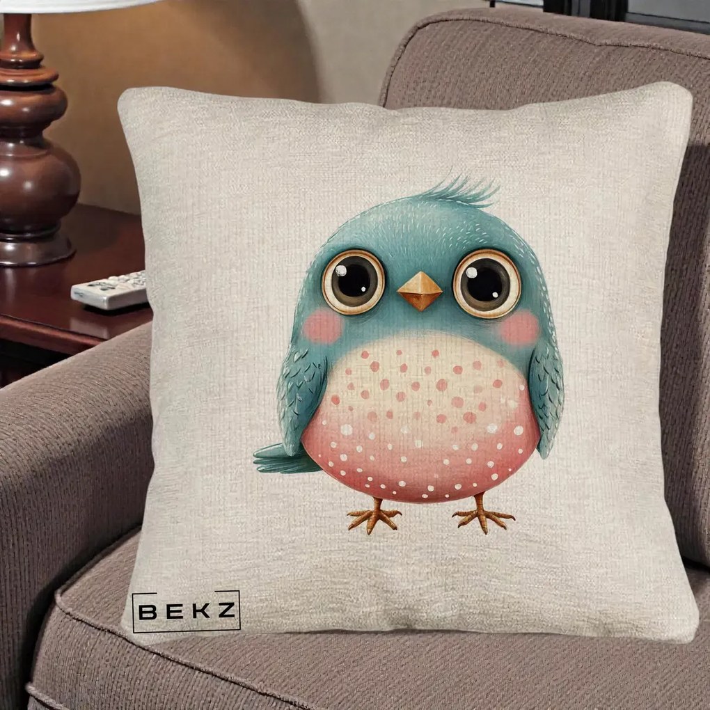 Perna Decorativa Pasare Teal-Roz cu Pete, 40x40 cm, Bej Canapea, Husa Detasabila, Perna Inclusa, BEKZ®