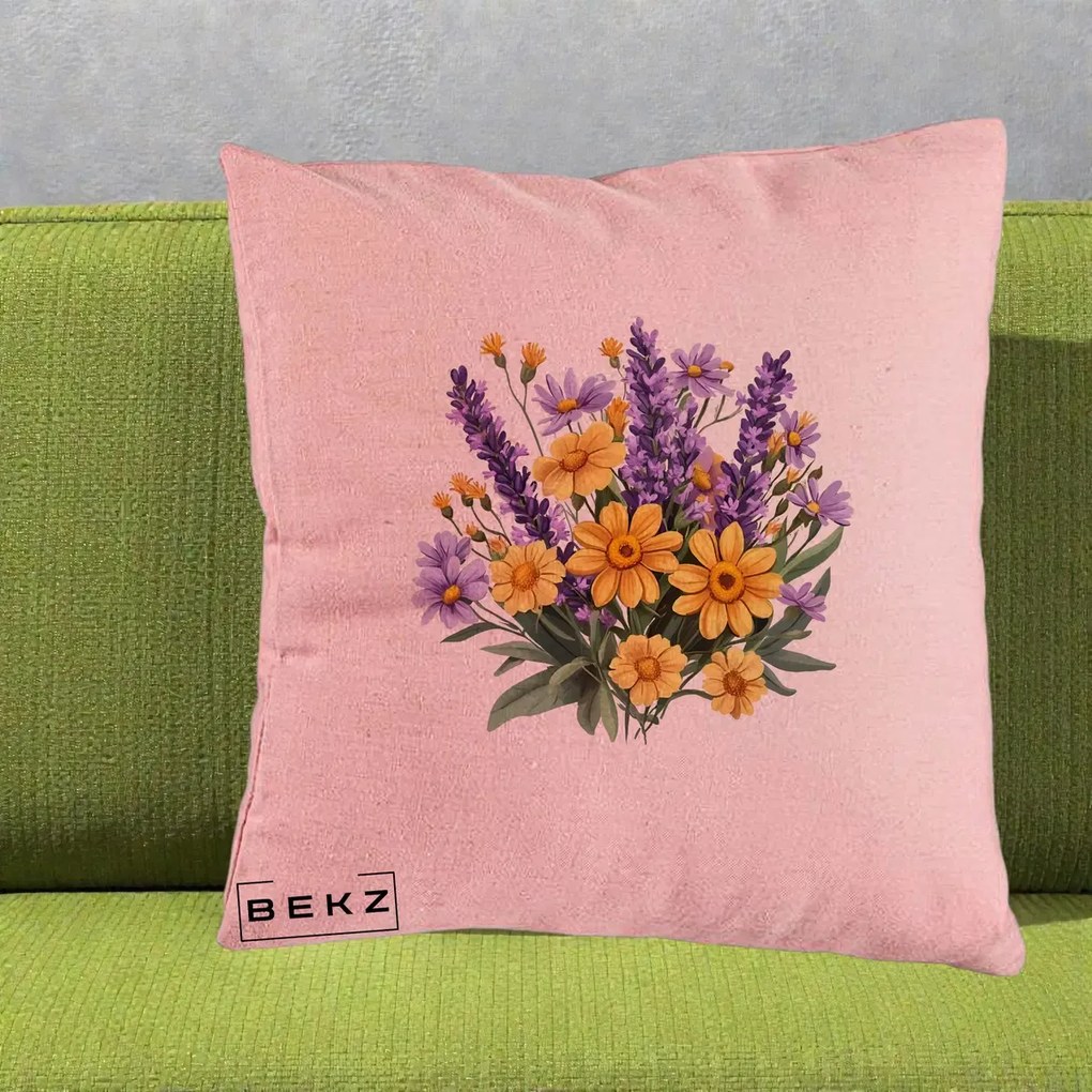 Perna Decorativa Lavanda cu Margarete Galbene si Lila, 40x40 cm, Roz, Husa Detasabila, Perna Inclusa, BEKZ®
