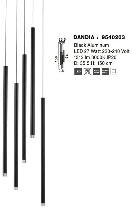 Lustra cu 5 pendule LED design tubular DANDIA