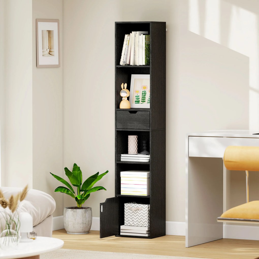 HOMCOM Bibliotecă cu 4 Rafturi Deschise, Dulap și Sertar, 30x24x158 cm, Negru | Aosom Romania