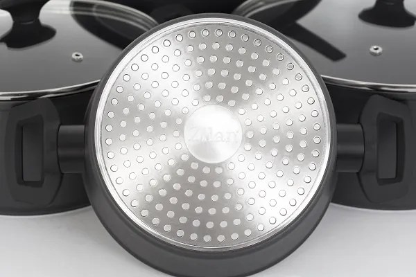 Set oale aluminiu 7 piese Zilan ZLN3277, Strat interior neaderent, Manere ebonita, Capace sticla termorezistenta